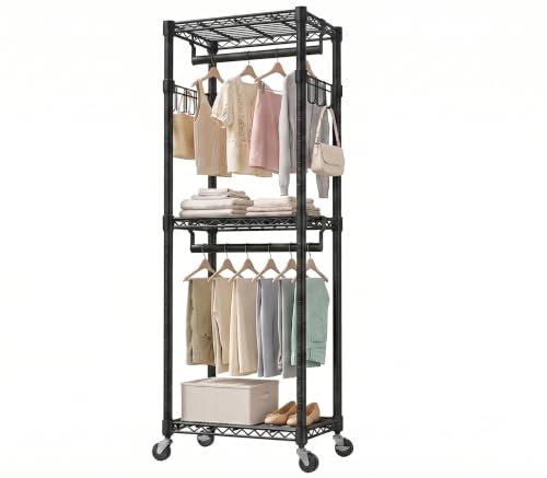 Duty Rolling Rack, 3-Tier Adjustable Clothes Rack with Double Rods, Black | Heavy Duty Rolling Rack, Double Rods, Adjustable Shelves, Side Hooks, Lockable Wheels, Carbon Steel, Rustproof, Easy Assembly - color: BLACK, size: 23.6IN