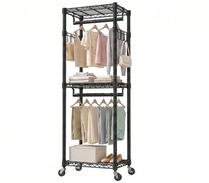 Duty Rolling Rack, 3-Tier Adjustable Clothes Rack with Double Rods, Black | Heavy Duty Rolling Rack, Double Rods, Adjustable Shelves, Side Hooks, Lockable Wheels, Carbon Steel, Rustproof, Easy Assembly - color: BLACK, size: 23.6IN
