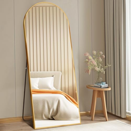 DUMOS 58"x19" Arched Full Length Mirror with Stand, Full Body Floor Mirror | Free Standing or Wall Mount, Nano Glass Aluminum Frame, Hanging or Leaning, Modern Simple Home Decor, Gold - color: Gold-rounded, size: 58"L x 19"W