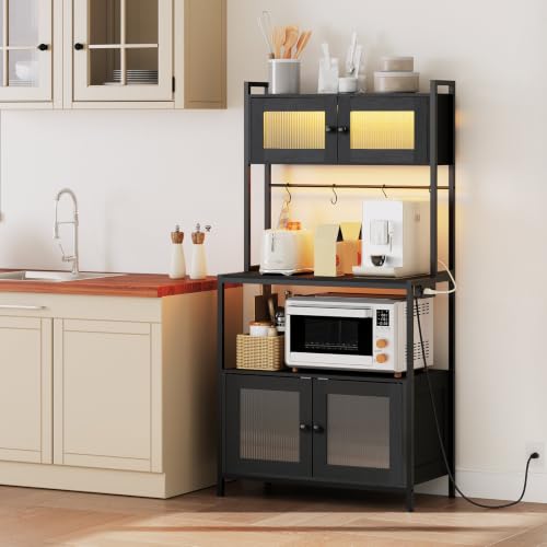 HOOBRO Bakers Rack with Storage Cabinet, 5-Tier Coffee Bar with Power Outlet and LED Lights, Industrial Microwave Oven Stand with Shelves, Kitchen Storage Shelf with Cabinet, Black BB13UDHB01 - color: Black