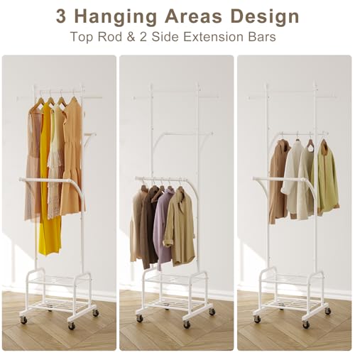 Rolling Clothes Rack with 2 Shelves, Small Metal Clothing Rack with Wheels | Gasvadivum 71" Tall Sturdy Garment Rack with 3 Hanging Rods, Freestanding Portable Coat Rack for Laundry Room, Bedroom, White - color: White