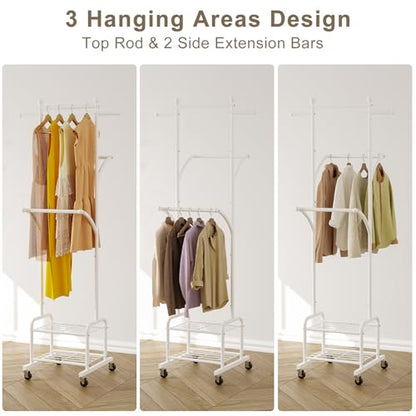 Rolling Clothes Rack with 2 Shelves, Small Metal Clothing Rack with Wheels | Gasvadivum 71" Tall Sturdy Garment Rack with 3 Hanging Rods, Freestanding Portable Coat Rack for Laundry Room, Bedroom, White - color: White