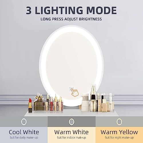 YOURLITE Makeup Vanity Desk with Lighted Mirror & Stool | 31.5" Makeup Table, 3 Lighting Modes, Adjustable Brightness, 2 Drawers, Cushioned Stool, Oval Mirror - size: 31.5", style: Oval Mirror Wood