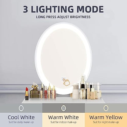 YOURLITE Makeup Vanity Desk with Lighted Mirror & Stool | 31.5" Makeup Table, 3 Lighting Modes, Adjustable Brightness, 2 Drawers, Cushioned Stool, Oval Mirror - size: 31.5", style: Oval Mirror Wood