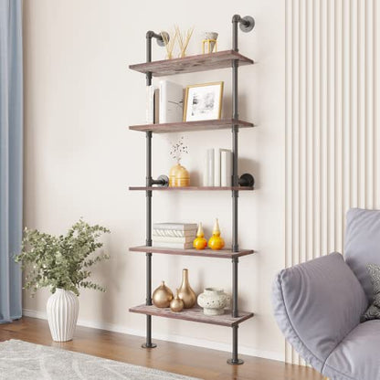 Yuanshikj 5 Tier with 24" Solid Wood Planks, Industrial Pipe Ladder Shelf | Metal Iron Rustic Wall Mounted for Living Room,Office, Decor Storage,Bookshelf - size: 5 Tier With 24" Solid Wood