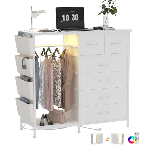 6 Drawer Dresser for Bedroom with Clothes Rack, Clothes Dresser with Side Pockets and Hooks, Charging Station & LED Lights, Wooden Top, Fabric Storage (White) - color: White
