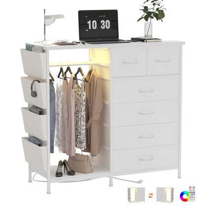 6 Drawer Dresser for Bedroom with Clothes Rack, Clothes Dresser with Side Pockets and Hooks, Charging Station & LED Lights, Wooden Top, Fabric Storage (White) - color: White