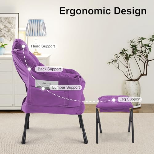 Lazy Chair with Ottoman Comfy Accent Lounge Chair with Side Pocket Cozy Chair Modern Reading Armchair with Footrest Upholstered Sofa Chair for Small Spaces Living Room Dorm Bedroom Purple - color: Purple