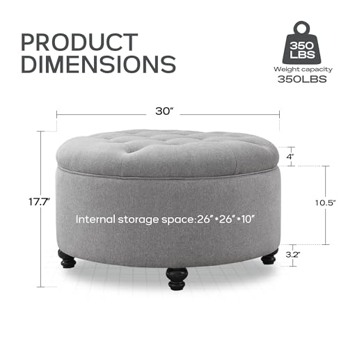 HUIMO 30-Inch Round Storage Ottoman, Button Tufted Coffee Table(Grey) | Ottoman Coffee Table with Removable Top, Upholstered Ottoman with Storage, Footrest Stool for Living Room, Bedroom and Office - color: Grey