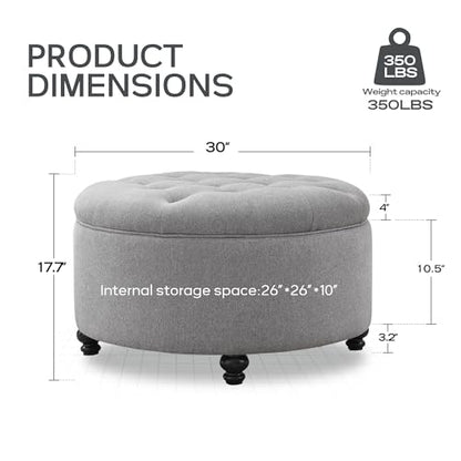 HUIMO 30-Inch Round Storage Ottoman, Button Tufted Coffee Table(Grey) | Ottoman Coffee Table with Removable Top, Upholstered Ottoman with Storage, Footrest Stool for Living Room, Bedroom and Office - color: Grey