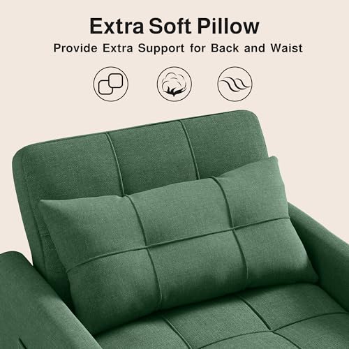 Convertible Sleeper Chair Sofa Bed, 3 in 1 Pull Out Chair, Green | 3 in 1 Chair Bed, Adjustable Backrest, Storage Pocket, Compact Fit for Living Rooms, Apartments, Guest rooms - color: Green