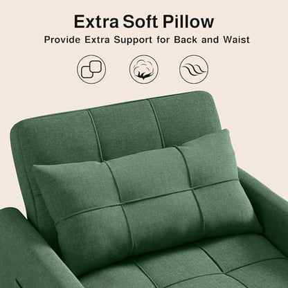 Convertible Sleeper Chair Sofa Bed, 3 in 1 Pull Out Chair, Green | 3 in 1 Chair Bed, Adjustable Backrest, Storage Pocket, Compact Fit for Living Rooms, Apartments, Guest rooms - color: Green