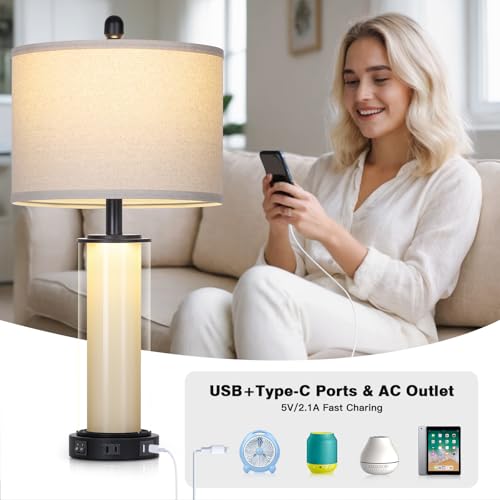 Black Glass Table Lamps Set of 2, 26" Living Room Lamp with Built-in Frosted Glass Night Light, Modern Bedroom Lamp with USB C+A Ports & AC Outlet, Bedside Lamps for Nightstand (4 Bulbs Included) - color: Black