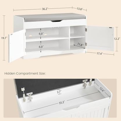 2-Tier Storage Bench, Shoe Bench with Adjustable Shelf & Lift Top Storage, Entryway Bench with Cushioned Seat,13.8"D x 36.2"W x 19.7"H, Shoe Organizer for Entryway, Living Room, Bedroom, White - size: 13.7"D x 36.2"W x 19.6"H