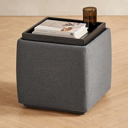 mopio Levi Storage Ottoman with Reversible Tray, Modern Square Chest Coffee Table, Upholstered Cube Sitting Foot Stools Ottoman for Living Room, Bedroom, Entryway (Fabric, Dark Gray) - color: Dark Gray Fabric, Cube