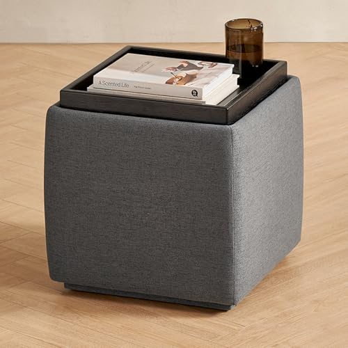 mopio Levi Storage Ottoman with Reversible Tray, Modern Square Chest Coffee Table, Upholstered Cube Sitting Foot Stools Ottoman for Living Room, Bedroom, Entryway (Fabric, Dark Gray) - color: Dark Gray Fabric, Cube