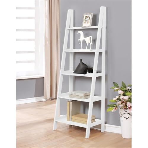 Riverbay Furniture 5-Shelf Wood Ladder Bookshelf, Open Back Design, White Finish, 72" H x 25.25" W x 16.5" D, Rubberwood and Particleboard, Transitional Style for Home Office or Living Room Storage - color: White