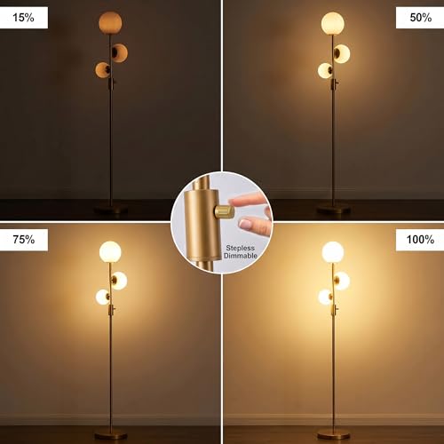 Fiqevs Dimmable 3 Globe Floor Lamp - Mid Century Modern Gold Standing Lamp with Frosted Glass Shade & LED Bulbs for Living Room, Bedroom, Office - color: 3 Globe- DM Gold