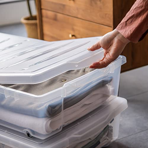 Citylife 57 QT Plastic Under Bed Storage Bins with Double-opening Lids Clear Underbed Storage Containers with Wheels for Organizing Shoes, Blankets, Clothes
