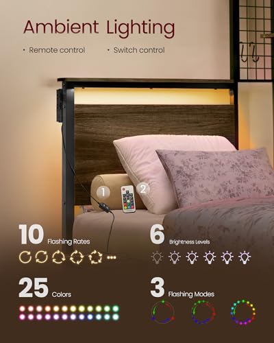 VASAGLE Twin Size Metal Bed Frame with Headboard, Multifunctional Storage, Built-in LED Lights, Charging Station, Bookshelf, Bedside Shelf, Space-Saving, No Box Spring Needed, Ash Brown URMB963K01 - color: Ash Brown