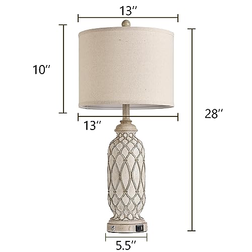 Farmhouse Table Lamps for Bedroom Set of 2, 28" Rustic Bedside Lamp with USB Ports, 3-Way Dimmable Nightstand Table Lamp for Living Room - color: 1.off white