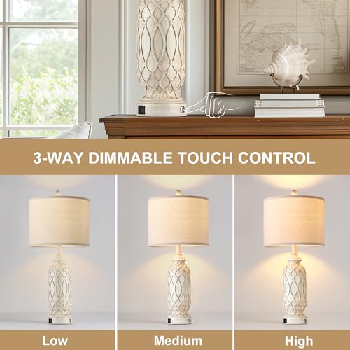 28" Table Lamps for Living Room Set of 2, Farmhouse Lamps for Bedroom with USB Ports, 3-Way Dimmable Nightstand Table Lamp (Bulbs Included) - color: 2.Beige
