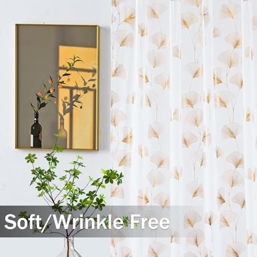 Gold Foil Print Sheer Curtains 96 inches Long, 2 Panels Ginkgo Bronzing Treatment Sheer Curtain, Rod Pocket Window Treatment Panels for Bedroom Living Room - color: Ginkgo/Gold/White, size: 42"W x 96"L (Pack of 2)