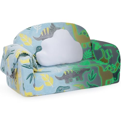 Extra Wide Kids Couch, 2-in-1 Soft Toddler Couch with Blanket, Glow in The Dark, Comfy Toddler Chair with Cloud Pillow, Convertible Sofa, Dinosaur - color: Dinosaur