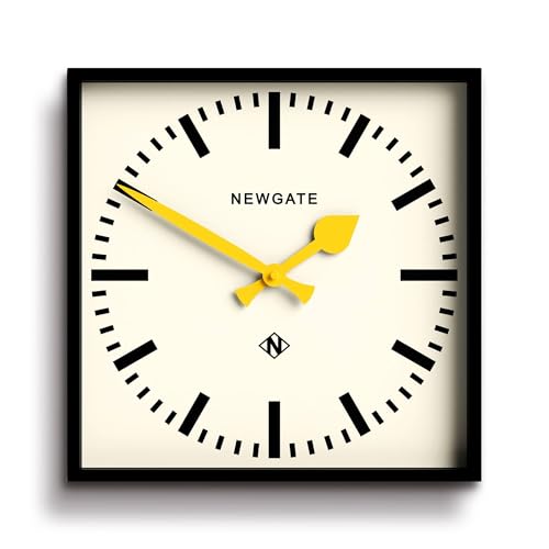 NEWGATE® Number Five wall Clock | Square Retro Inspired Modern Station Clock | 16" | Black with Yellow Hands | Mid-Century Style for Kitchen, Living Room or Office - color: Yellow
