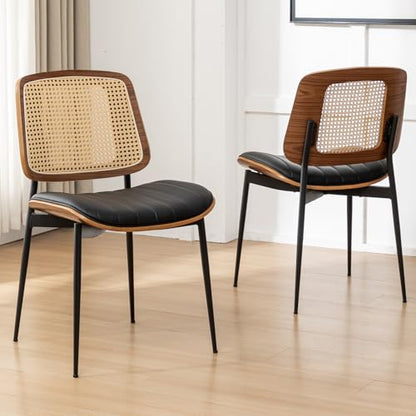 Rattan Dining Room Chairs Set of 4,Mid Century Black PU Leather Kitchen Chairs,Upholstered Seat Metal Legs Chairs with Adjustable Foot Pads,Walnut Armless Side Chairs - color: Black, size: Set of 4