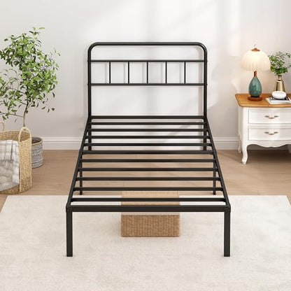 Twin Bed Frame with Classic Headboard, Black | Strong Metal Slats Support,Under Bed Storage Space,No Box Spring Needed,Easy to Assemble - size: Twin
