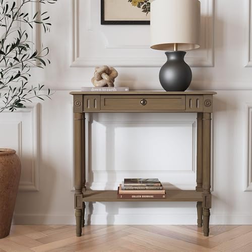Marisol Brown Narrow Console Table for Entryway with Drawer | 31.5-inch slim sofa table with lower shelf, solid wood frame, natural finish, hallway storage for small spaces - color: Brown
