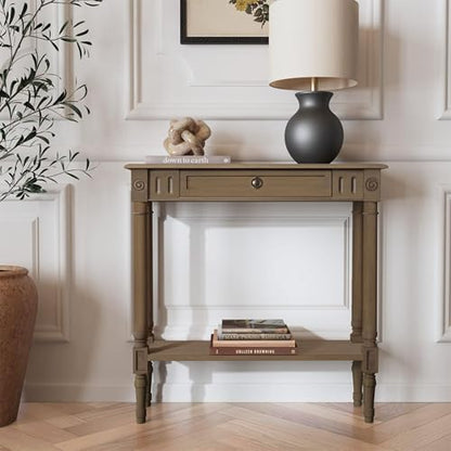 Marisol Brown Narrow Console Table for Entryway with Drawer | 31.5-inch slim sofa table with lower shelf, solid wood frame, natural finish, hallway storage for small spaces - color: Brown