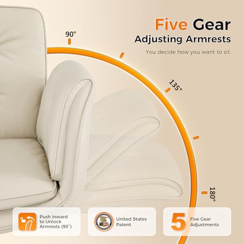 amseatec Criss Cross Office Chair, Swivel Makeup Vanity Chair with Wheels | Wide PU seat for cross-legged, fidget-friendly sitting; 5-level armrests create pet space; wipe-clean; cat scratch pad option - color: Camel Linen