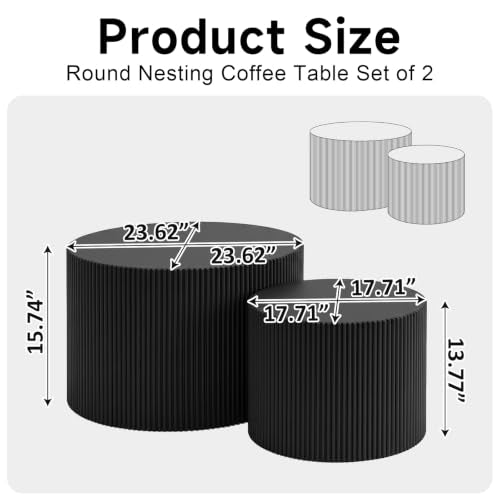 Nesting Round Coffee Table Set of 2 Black No Assembly | Nesting Coffee Tables for Living Room, MDF Wood Nightstands, Modern Drum Side End Tables with Vertical Fluted Design - color: Black