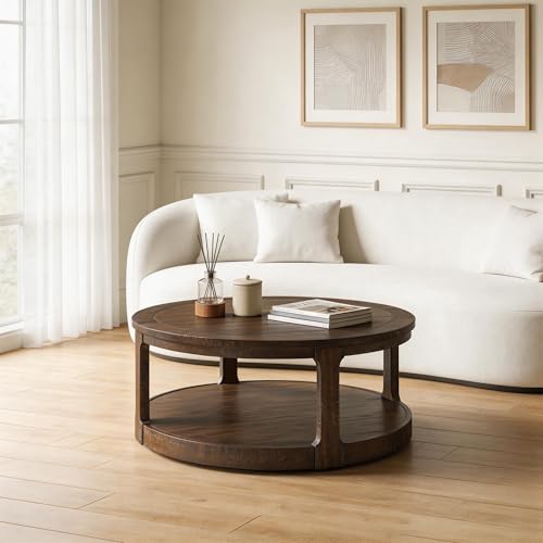 40" Round Coffee Table with Wheels, Circle 2 Tier Solid Wood Center Coffee Table, Mid Century Retro Farmhouse Rounded End Table for Living Room Apartment, ø40 x 17.52" H (Dark Brown) - color: D-40" Brown