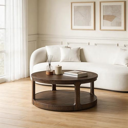 40" Round Coffee Table with Wheels, Circle 2 Tier Solid Wood Center Coffee Table, Mid Century Retro Farmhouse Rounded End Table for Living Room Apartment, ø40 x 17.52" H (Dark Brown) - color: D-40" Brown