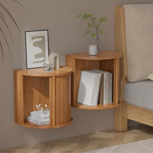Floating Nightstand Set of 2,Wooden Wall-Mounted Nightstand with Fluted Sliding Roll-Up Door,Space-Saving,Suitable for Small Space Bedroom,Living Room - color: Walnut-floating Nightstand Set of 2