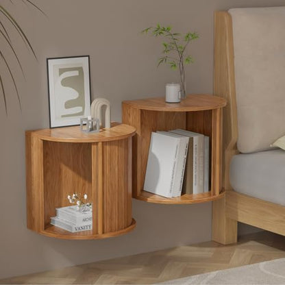 Floating Nightstand Set of 2,Wooden Wall-Mounted Nightstand with Fluted Sliding Roll-Up Door,Space-Saving,Suitable for Small Space Bedroom,Living Room - color: Walnut-floating Nightstand Set of 2