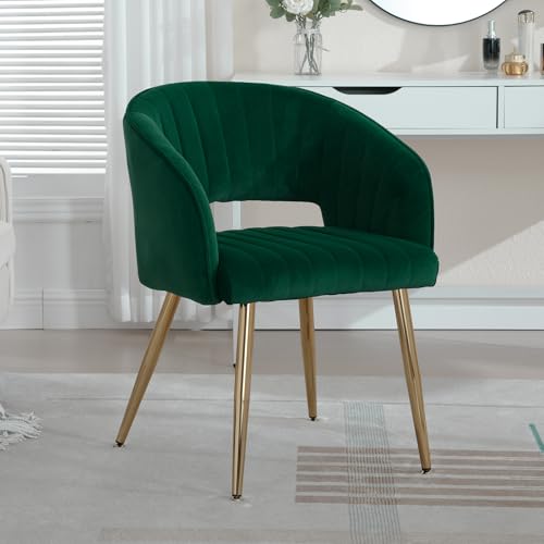 Velvet Home Office Desk Vanity Chair, No Wheels, Gold Legs, Green | Modern Accent Chair with Stylish Stripe Design, Spacious‌ Soft Seat for Girls & Women Bedroom Makeup or Nail Table - color: Green Velvet, No Wheels