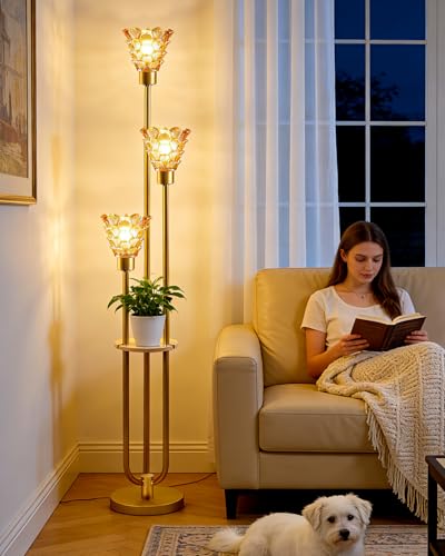 3-Light Modern Glass Floor Lamp with Shelf, Gold Tall Standing Lamp with Amber Flower Glass Shade, LED Floor Lamp with Foot Switch& 5Lbs Heavy Base for Living Room Bedroom, Bulb Included - color: 3 Amber Horn -Gold