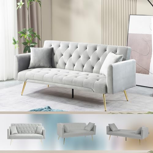 72''Modern Velvet Sofa Bed Futon,Convertible Folding Sleeper Couches with 3 Adjustable Backrests,Tufted Recliner Loveseat with Golden Chrome Legs for Living Room Apartment Office (Light Gray-new) - color: Light Gray-new