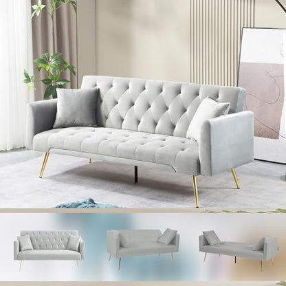 72''Modern Velvet Sofa Bed Futon,Convertible Folding Sleeper Couches with 3 Adjustable Backrests,Tufted Recliner Loveseat with Golden Chrome Legs for Living Room Apartment Office (Light Gray-new) - color: Light Gray-new