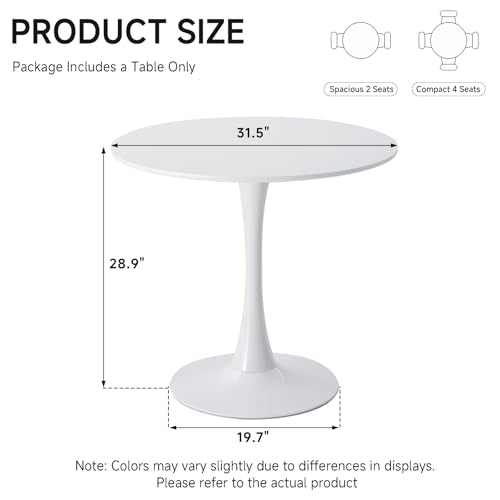 31.5" Small Round Dining Table for 2 4, [Sturdy Metal Tulip Base] White Modern Circle Kitchen Table, Space Saving, for Dining Room Apartment Office - color: White With White Base, size: 31.5"