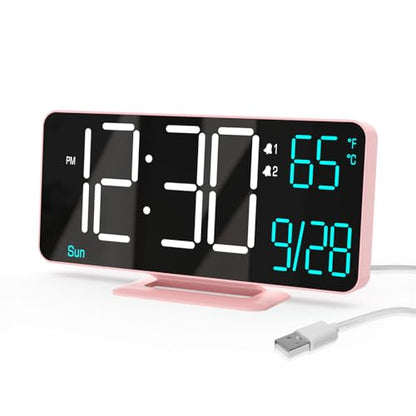 Clock for Bedroom, 6.7in Digital Alarm Clock, Auto Dimming, Room Temperature, Day of The Week, Seconds, Date, Alarm Clocks for Bedrooms, Digital Clocks for Living Room - color: Pink (White + Blue Digits)