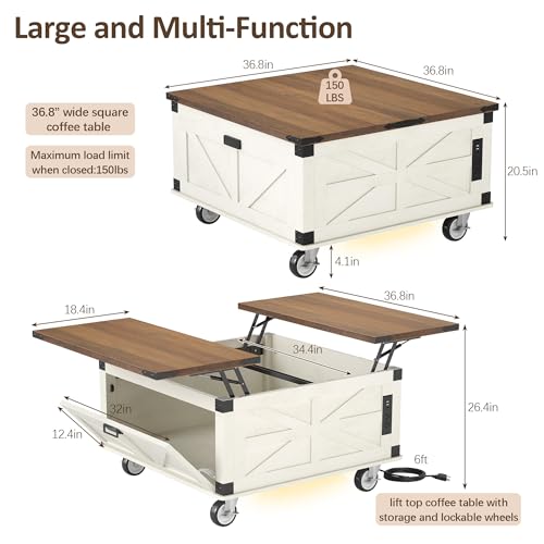 Farmhouse Coffee Table with Lifting Top & 4 Wheels for Living Room | LED White Square Center Tables with Large Storage & Charging Station, Wood