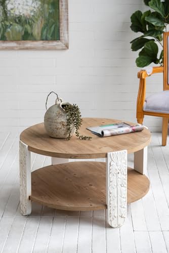 31.5" Round Coffee Table with Carved Leg, 2 Tier Storage Shelf | Farmhouse Solid Wood Center Table for Living Room, Circle Tea Table with Open Storage, Easy Assembly, Natural Brown Finish - color: A-31.5" Brown+white