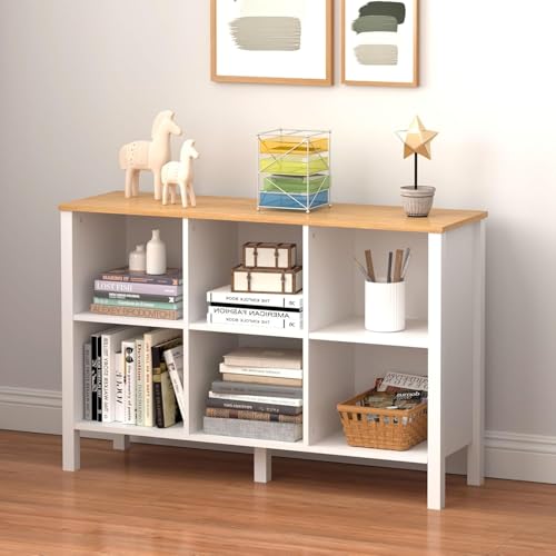 6-Cube Bookcase, Farmhouse Wooden Bookshelf Low Storage Organizer, 45" Horizontal White Console with Legs, Hallway Book Case for Entryway, Display Cabinet for Living Room (White, 6-Cube) - color: White, size: 6-Cube