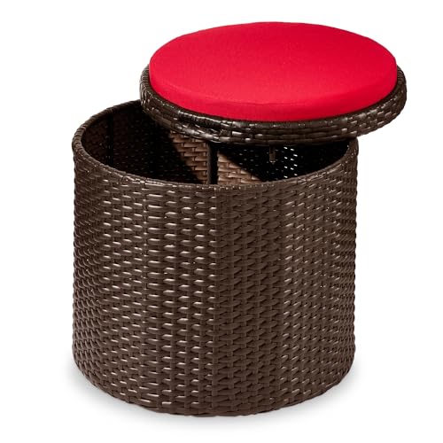 Best Choice Products Round Wicker Ottoman, Multipurpose Outdoor Furniture for Patio, Backyard, Additional Seating, Footrest, Side Table w/Storage, Removable Cushions – Brown/Red - color: Brown/Red