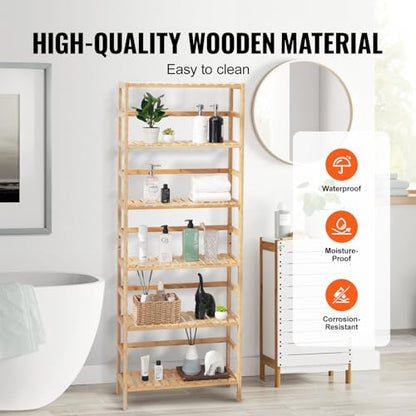 VEVOR 6-Tier Bamboo Shelf, Open Wood Bookshelf, Display Storage Rack Organizer, Freestanding Flower Plant Stand, Multifunctional Bamboo Bookshelf Ideal for Bathroom, Bedroom, Office, Study, Natural - style: 6-Tier